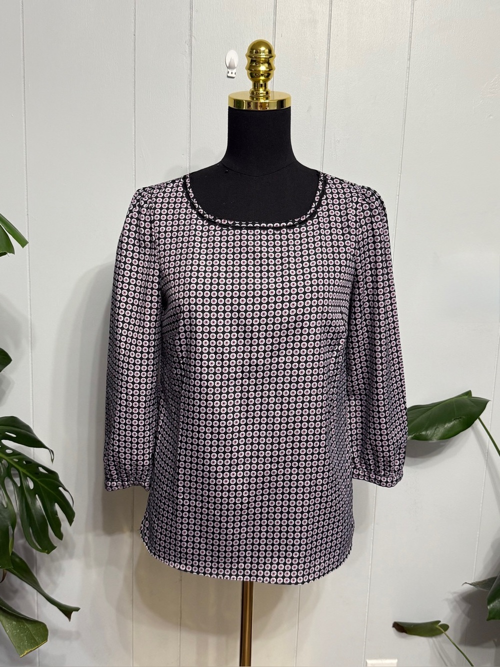 #18) J. Crew Black and White Long Sleeve Top with purple, Gray Dot Print